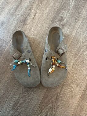 Birkenstock Suede Beaded Clog Mules in Taupe with Multicolor Beads